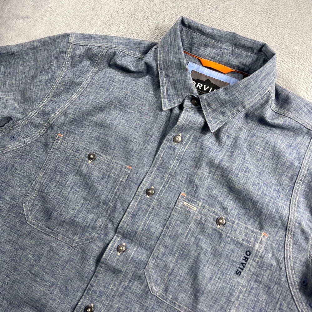 Orvis Tech Chambray Shirt Mens Large Blue Short Sleeve Active Fit Button Down